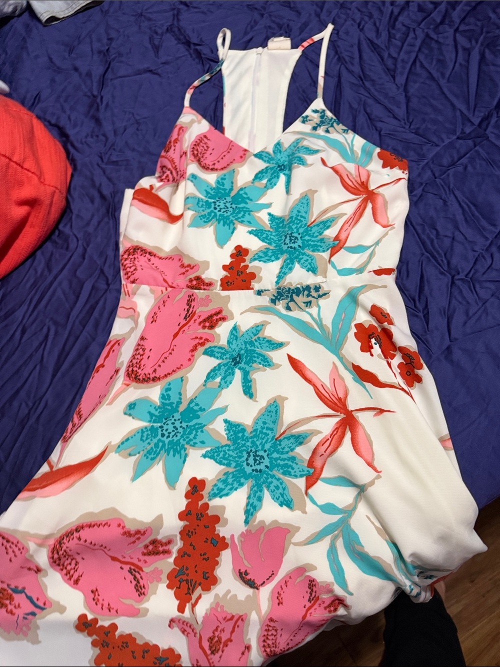 Floral Spaghetti-Strap Midi Dress in White with Pink & Teal Flowers